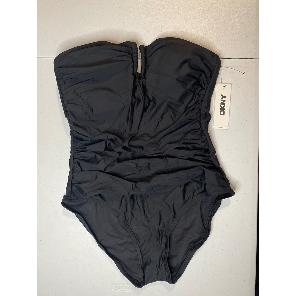DKNY Women's U-Wire Bandeau One Piece Swimsuit with Tummy Control, L
